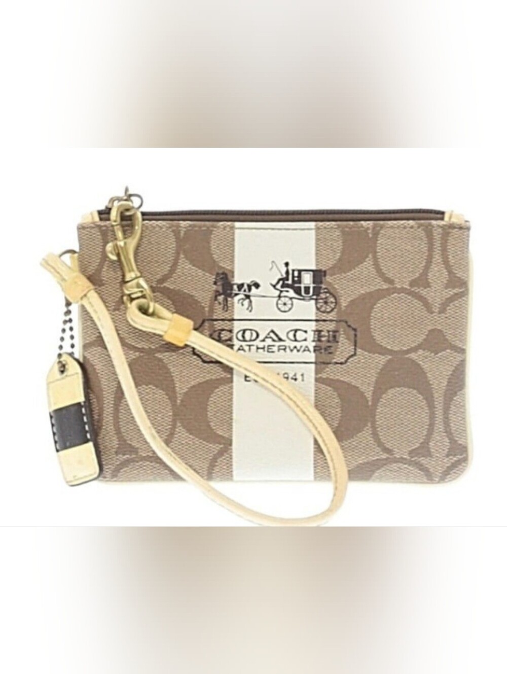 Coach Canvas Wristlet in Tan and Cream with Gold Hardware with Tartan Interior